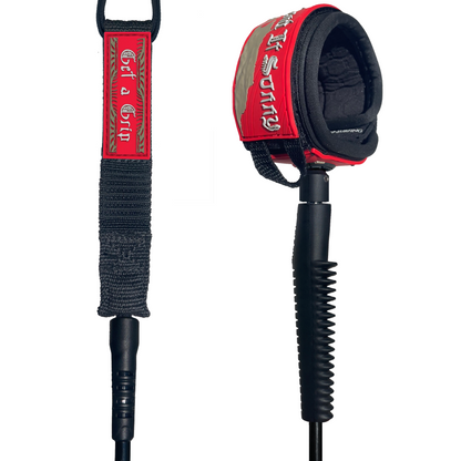 ORIGINAL WAX COMB SPUR SURF LEASH - GNAR ASSIST BIG WAVE 8MM CORD - LIMITED EDITION BLACK/RED/GOLD